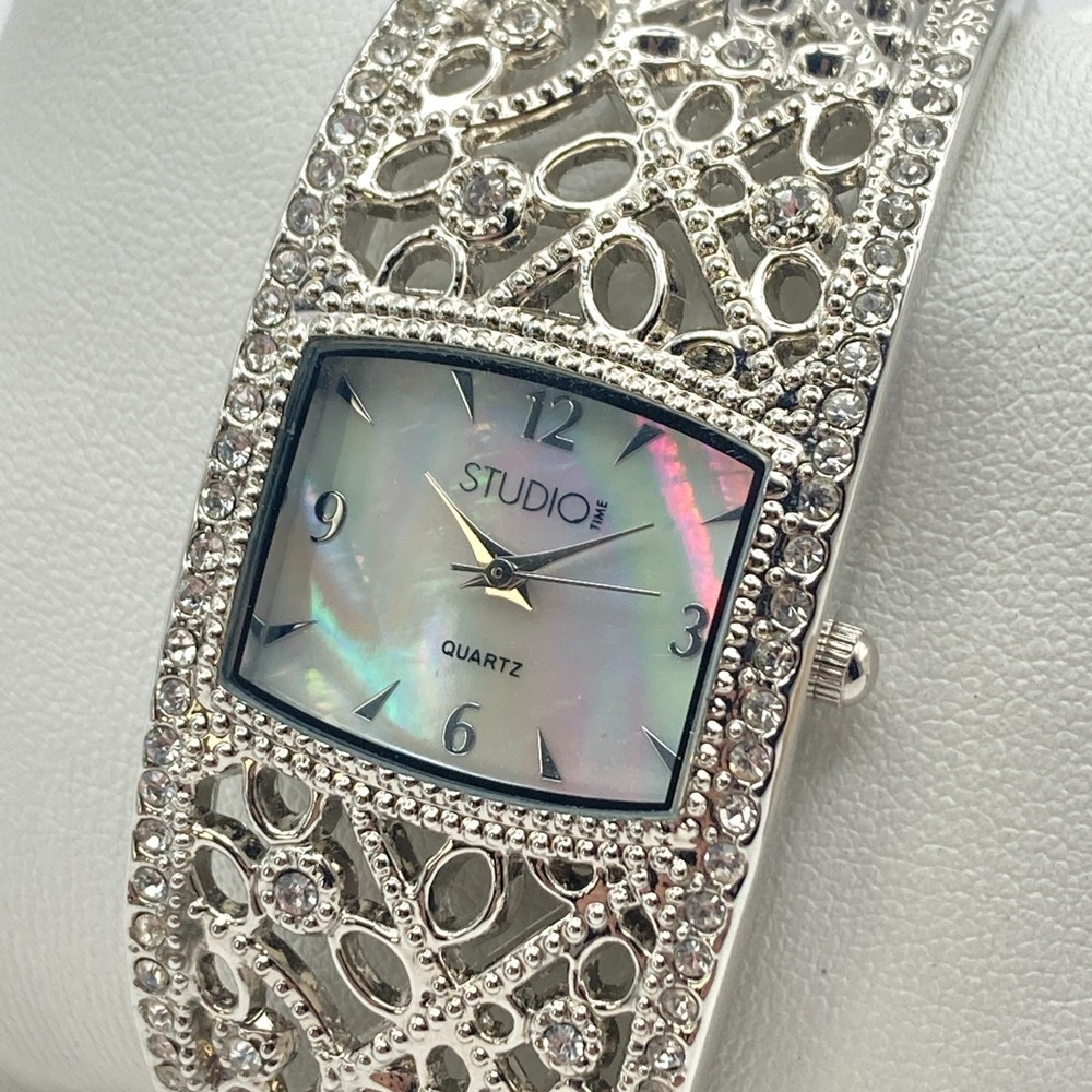 Studio Time Women's Watch Silver Tone Cuff MOP Floral Crystals New Battery SMALL